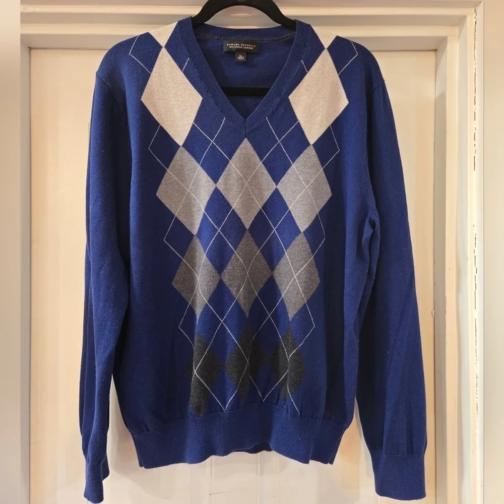 Banana Republic Silk Cotton Cashmere V-Neck Argyle Sweater Mens XL Blue Black